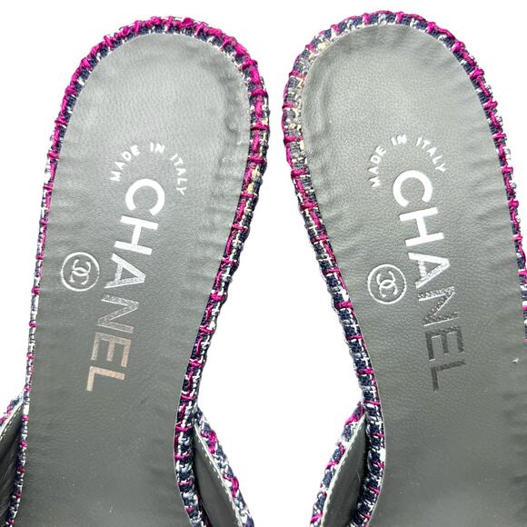 CHANEL Tweed Grosgrain CC Mules EU 38 US 7.5-8 Black Purple Pointed Toe Heels - Picture 9 of 15